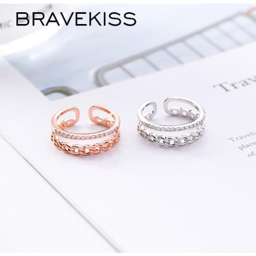 BRAVEKISS 2 Colors Adjustable Open Double Layer Ring Twist Chain CZ Finger Rings for Women Engagement Jewelry Accessories PR0208