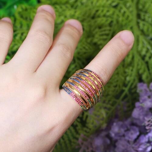 Adjustable Size Micro Pave Red Blue CZ Gold Color Geometric Round Big Wide Engagement Wedding Hollow Rings For Women Jewelry
