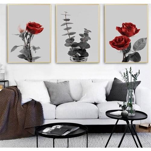 Retro Red Rose Flower Plants Eucalyptus leaves Canvas Painting Wall Nordic Posters and Prints Decor Wall Picture for Living Room