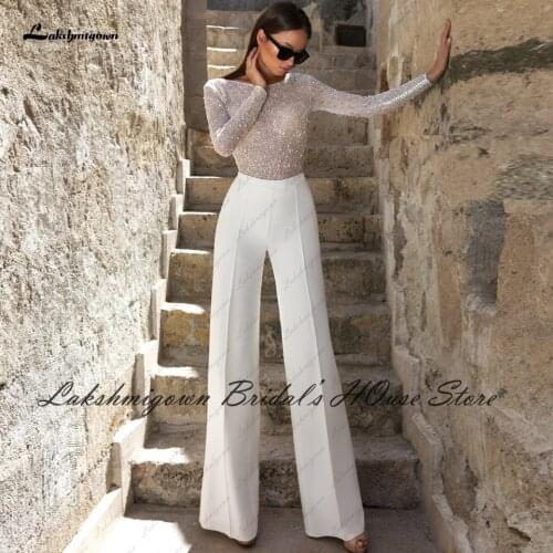 Luxury Beading Wedding Jumpsuit Gowns 2021 Sexy Women Backless Long Sleeve Bridal Civil Wedding Hochzeit Party Dresses