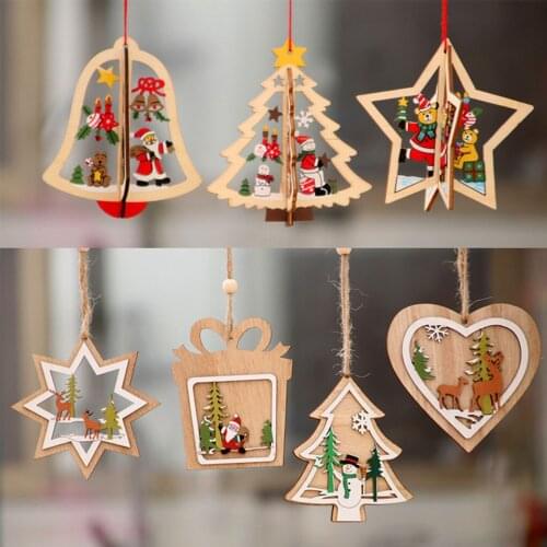 Christmas Ornament 2D 3D Wooden Hanging Pendants Star Xmas Tree Bell Christmas Decorations For Home Navidad New Year 2022