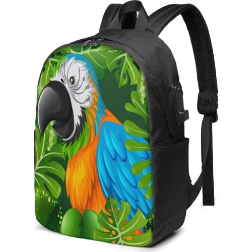 School Bag for Boy and Girl Wild Parrot Forest Backpack with USB Charging Funny Daypack For Teenager Student
