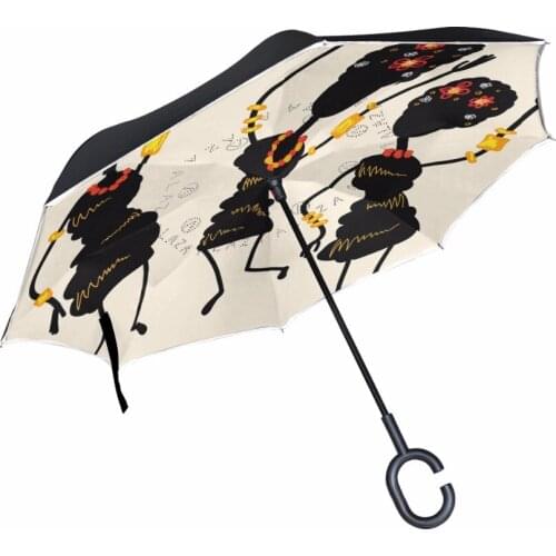 Dancing African Women Reverse Umbrella Windproof Double Layer Inverted Umbrellas for Car with C Handle