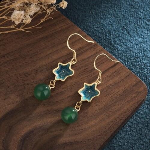 Green Stone Star Earrings For Women Vintage Chinese Ethnic Blue Creative Elegant Drop Earrings Female Jewelry Gift M4