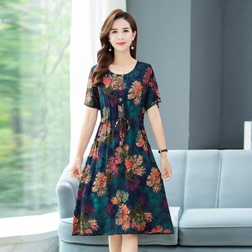Women 2021 Summer Fashion Middle-aged Loose Dress Female Short Sleeves Printed Dresses Ladies New Thin A-line Vestidos W10