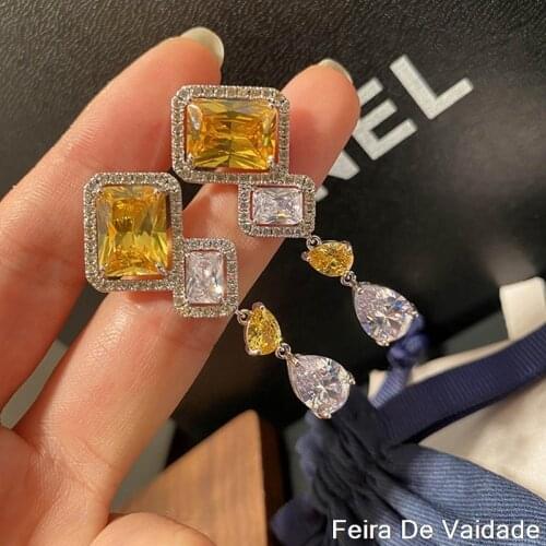 Luxury Square Drop Earrings Inlay AAA Yellow Crystal Zircon Silver Fashion Jewelry For Women Wedding Party Birthday Gifts