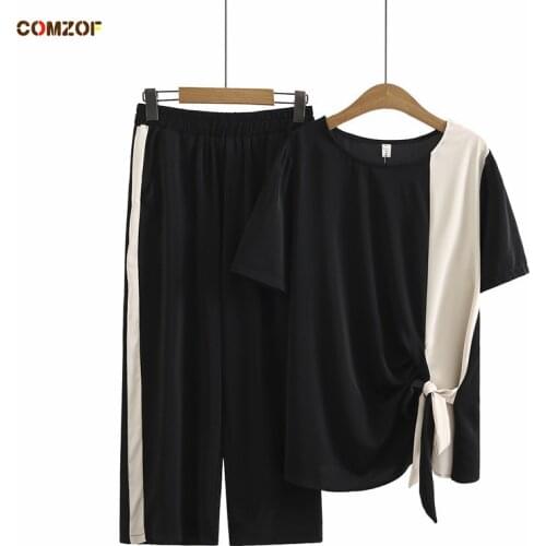 Bandage Patchwork Women Summer 2 Piece Set Short Sleeve T Shirt+Wide Leg Pants 2021 Casual Suits Plus Size Dresy Damskie XL-3XL