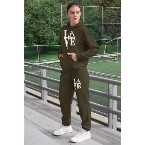 Angemiel Wear Harry Poter Themed Love Women 'S Tracksuit Set Green Hooded Sweatshirt Green Sweatpants