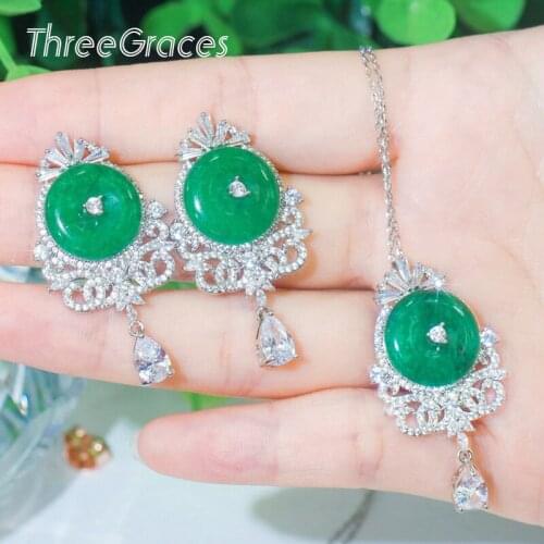 ThreeGraces Natural Green Cubic Zirconia Vintage Dangling Pendant Necklaces and Earrings Set for Women CZ Fashion Jewelry JS517