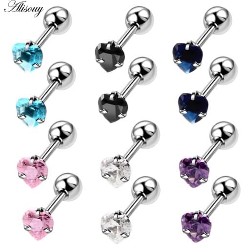 Alisouy 2pcs love heart crystal girls stud earrings 1.2x6x4/4mm Stainless Steel Earring cute female studs Cartilage Earrings