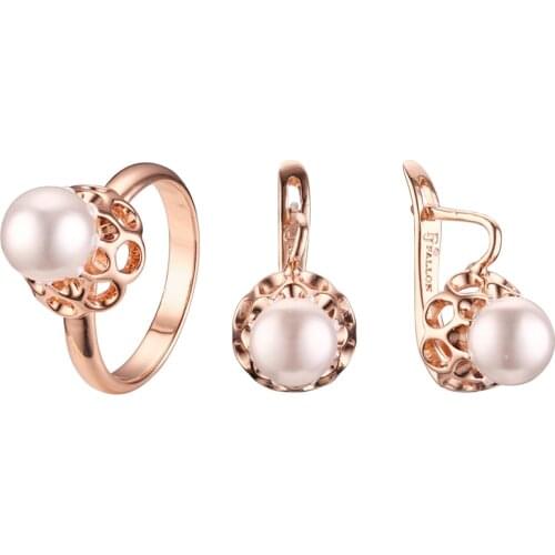 2021 Women Jewelry Sets 585 Rose Gold Color Jewelry Anniversary Simulated-Pearl Earring +Ring Jewelry Sets