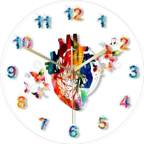 Anatomy Heart With Colorful Arabic Numerals Painting Print Acrylic Clock Medical Art Decor Cardiovascular Artwork Wall Clock