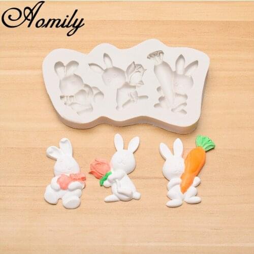 Aomily 3 Holes Multi Rabbit Carrot Rose Shaped Silicone Chocolate Cookies Cake Mold Silicone Soap Candy Fondant Chocolate Mould
