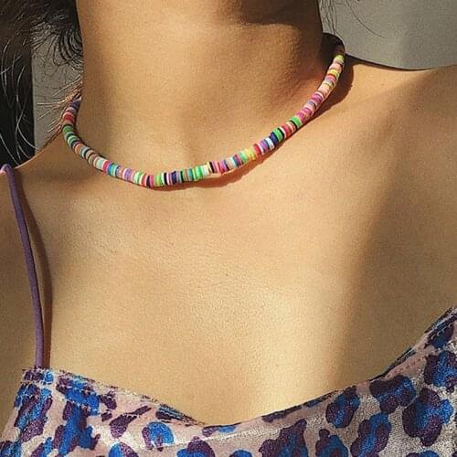Bohemian Beach Colorful Clay Beaded Choker Boho Rainbow Polymer Clay Necklace Jewelry for Women Girls Adjustable 6mm 12 Colors