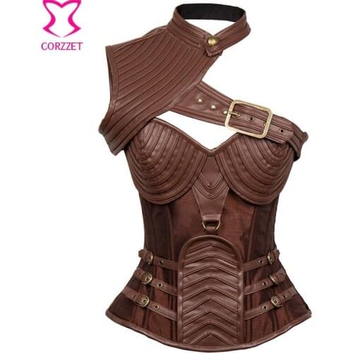Brown Faux Leather Armor Sexy Steampunk Corset Overbust Burlesque Costume Gothic Clothing Plus Size 6XL Waist Trainer Steel Bone