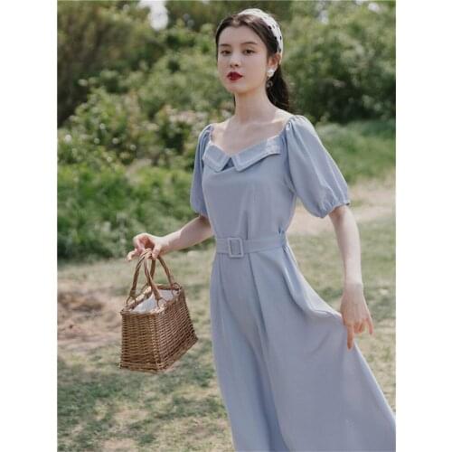 Sweet Girl Medieval Retro Party Dress French Square Collar Puff Sleeve Waisted A Line Maid Dress Vintage Fairy Midi Doll Dress