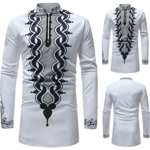 Mens Autumn / Winter Luxury African Print Long-Sleeve Dashiki Shirt Tops Blouse