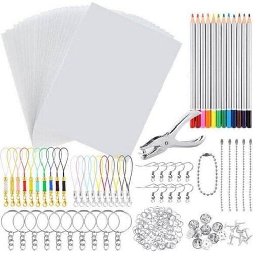198 PCS Shrinky Art Paper Heat Shrink Sheet Plastic Kit Hole Punch Keychains Pencils DIY Drawing Art Supply