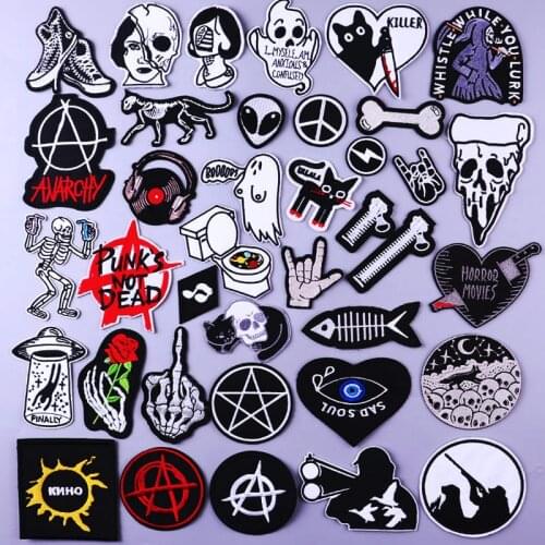 Black And While Punk Patch Iron On Patches For Clothes Stripes Embroidery Patch For Clothing Skull Patch Sticker Applique DIY
