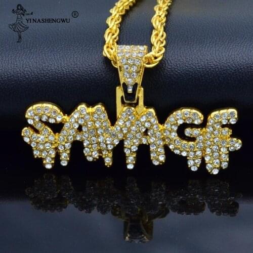 Hip Hop Necklace Brass Gold Color Iced Out Chains Micro Pave Cubic Zircon SAVAGE Pendant Necklace Charm For Men Gifts 5.5*3cm