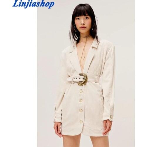 CARSON mini dress beige front button closure corduroy fabric sexy blazer dress fashion bodycon work office ladies vestidos