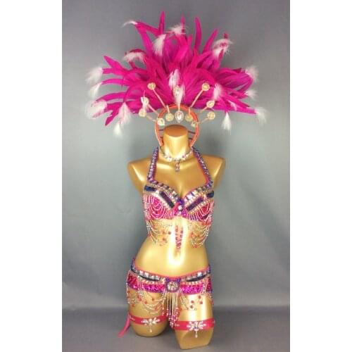 Free shipping hot selling Sexy Samba Rio Carnival Costume new belly dance costume with hot pink Feather Head piece