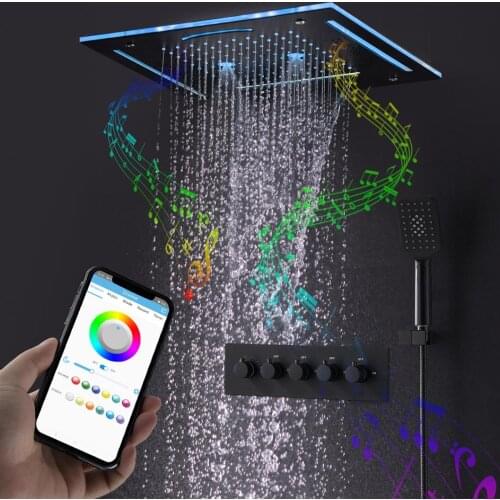 Modern Bluetooth Music LED Shower Set Matte Black Waterfall Rain Shower Head System Bathroom Thermostatic Mixer Shower Faucets