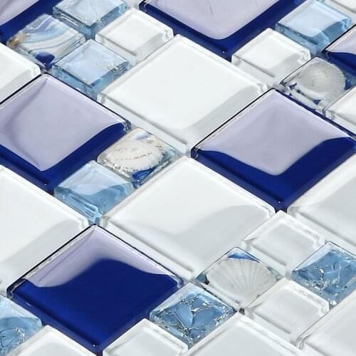 Mediterranean deep blue mosaic TV background wall kitchen backsplash natural shell mix glass mosaic tile decor free shipping