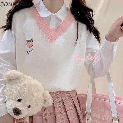 Sweater Vest Women Kawaii Embroidery Pink College Girls Knitwear Spring Fall All-match Popular Korean Womens Sleeveless Sweaters