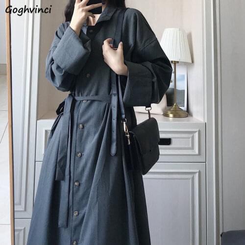 Trench Women Solid Loose Long Coats Belt Notched OL Fall Elegant Fashion Overcoats Females Korean Style Streetwear High Street