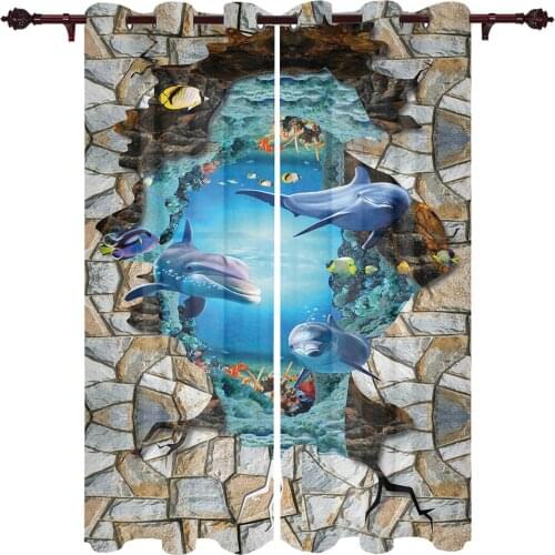 Living Room Curtains 3D Dolphin Underwater World Modern Home Decor Bathroom Kitchen Bedroom Balcony Floor Valance Curtains