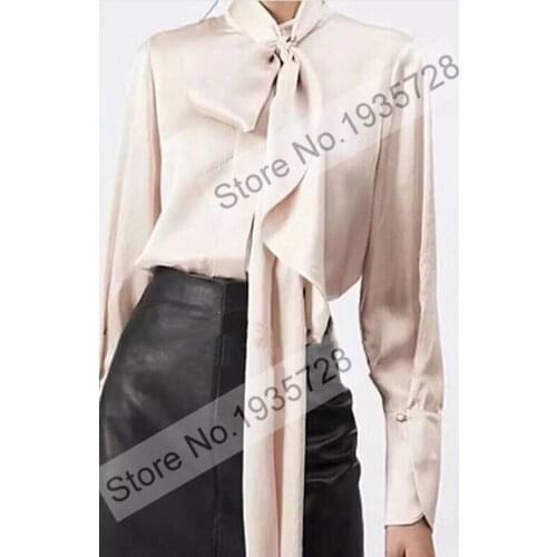 Ladies 100% Silk Satin Long Sleeve Blouse Shirt Top With Ribbon Neckties