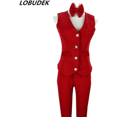 Female suits red blue yellow costumes vest pants bow tie stage show singer dancer performance party style nightclub bar