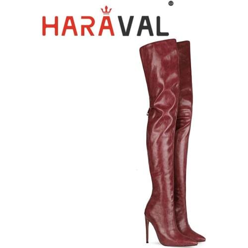 HARAVAL Women Over Knee High Boots Sexy Super High Heel 12.5cm Zipper Winter Color Lady Shoes Plus Size Microfiber Fashion E165L