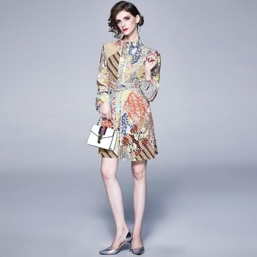 Fashion Designer Single-Breasted Long Sleeve Runway Dress Spring Autumn Women Vintage Floral Print Wild Lantern Sleeve Dresses