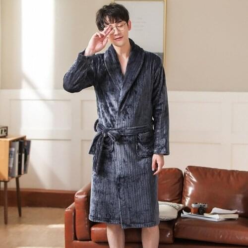 2020 Men Flannel Robe Male Thick Solid Dressing Gown Plus Size Belted Bathrobe Winter Long Robe Mens Bath Robe