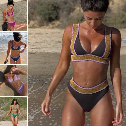 2021 Swimwear Contrast Color Women XL Bikini Set Bronzing Female Bandage Swimming Suit Two Pieces Retro Beachwear Bronze Biquini