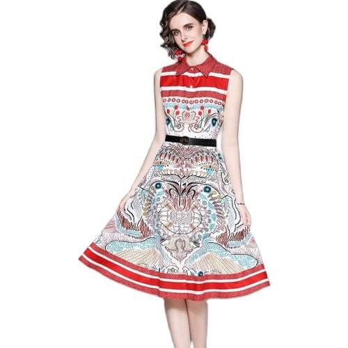 2021summer sleeveless retro printed red striped knee length dress for women office lady loose party designer dress with belt