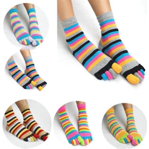 6 Pairs Women Cotton Five Finger Socks Rainbow Striped Toe Separated Hosiery X7YA