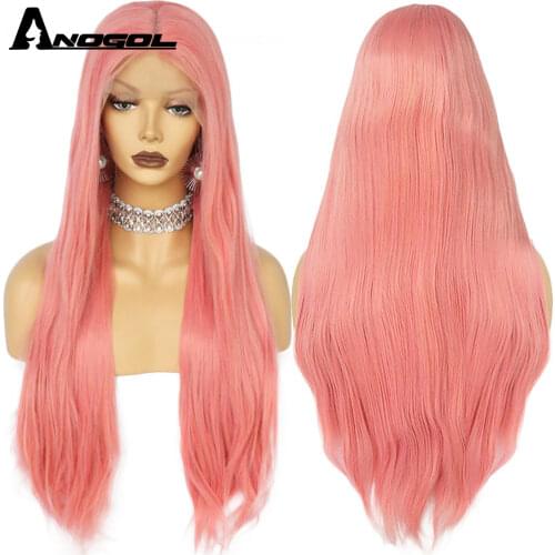 Anogol Brand Glueless Pink Lace Front Wig With Baby Hair Heat Resistant Wig Long Straight Synthetic Wigs For Black Women