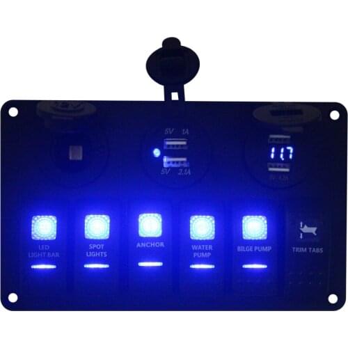 Circuit Breaker 6 Gang LED Car Boat Rocker Switch Panel 4 USB Port Cigarette Lighter Power Charger Socket Voltmeter Switch Panel