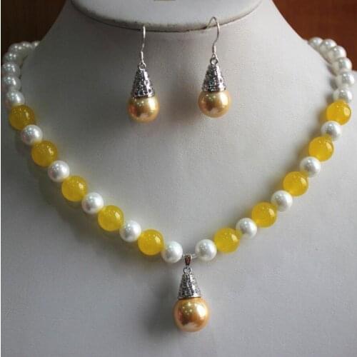 Free Shipping Wholesale 8mm mixed colors white/yellow jade pearl/stone necklace +14mm pearl hook earring and pendant jewelry se