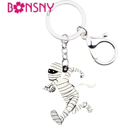 Bonsny Acrylic Halloween Running Mummy Zombie Key Chains Keychain Ring Cartoon Jewelry For Women Girls Handbag Purse Charms Gift