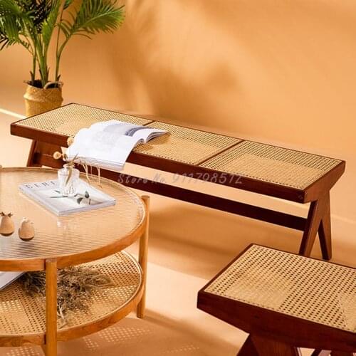 Net celebrity Nordic middle-aged rattan low stool household door solid wood shoe changing stool long stool against the wall