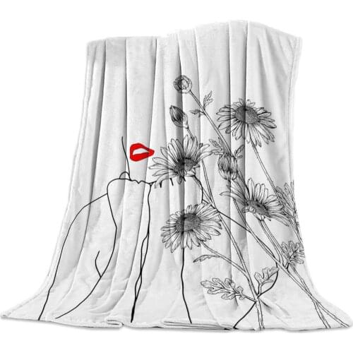 Flower Daisy Female Line Pattern Red Lips Throw Blanket Warm Microfiber Blanket Bedroom Sofa Supplies Blankets for Beds
