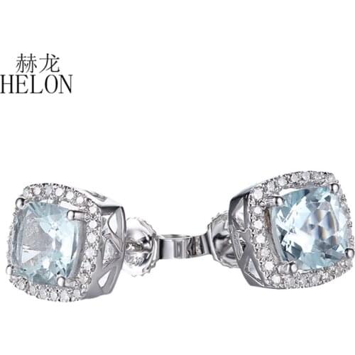 HELON Women Jewelry Aquamarine Stud Earrings 925 Sterling Silver 6x6mm Cushion Aquamarine Diamonds Engagement Wedding Earrings