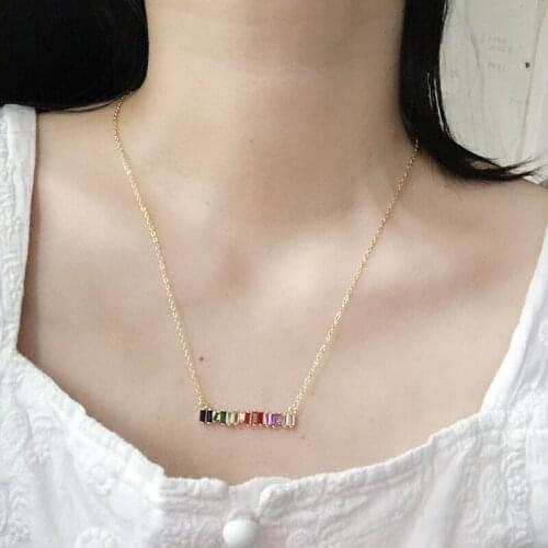 NEWESThigh quality rainbow baguetee cz bar geometric Pendant & Necklaces colorful crystal Gold filled women fashion choker gifts