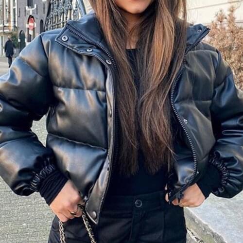 Short Parkas Women Winter Thick PU Leather Coats Black Fashion Zipper Cotton Jackets Top Ladies Outwear Cropped Puffer Jacket