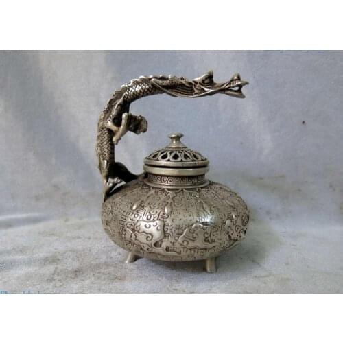 Fine silver censer China carved lucky fly dragon incense burner sculpture Statue