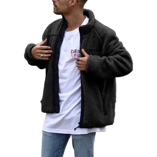 Men Winter Long Sleeve Stand Collar Faux Fleece Zipper Pocket Warm Coat Jacket Mens clothing